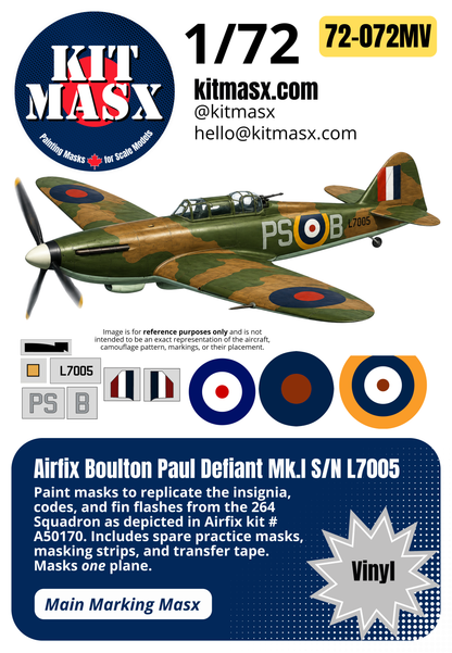 Airfix Boulton Paul Defiant Mk.I S/N L7005 1/72 Main Marking Paint Masks, Kit # A50170 (72072M)