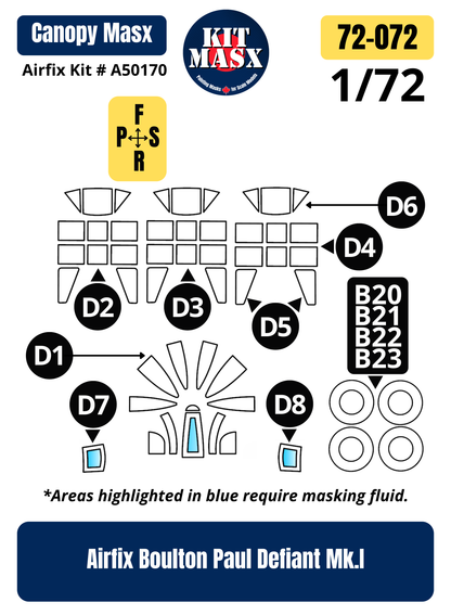 Airfix Boulton Paul Defiant Mk.I 1/72 Canopy& Wheel Paint Masks, Kit # A50170 (72072)