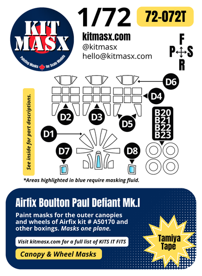 Airfix Boulton Paul Defiant Mk.I 1/72 Canopy, Camouflage, & Main Marking Paint Masks, Kit # A50170