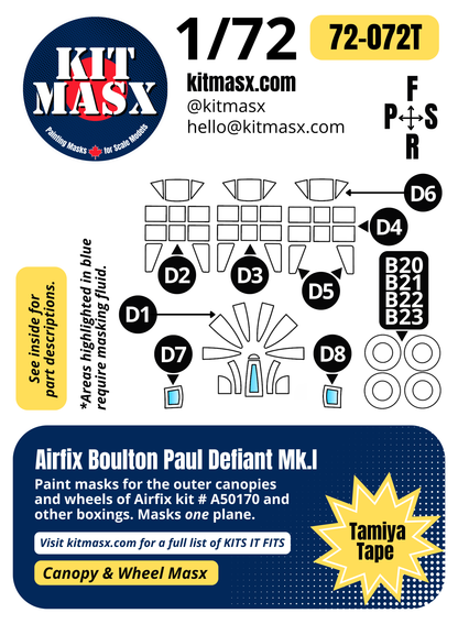 Airfix Boulton Paul Defiant Mk.I 1/72 Canopy& Wheel Paint Masks, Kit # A50170 (72072)