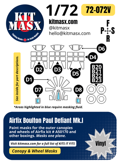 Airfix Boulton Paul Defiant Mk.I 1/72 Canopy, Camouflage, & Main Marking Paint Masks, Kit # A50170