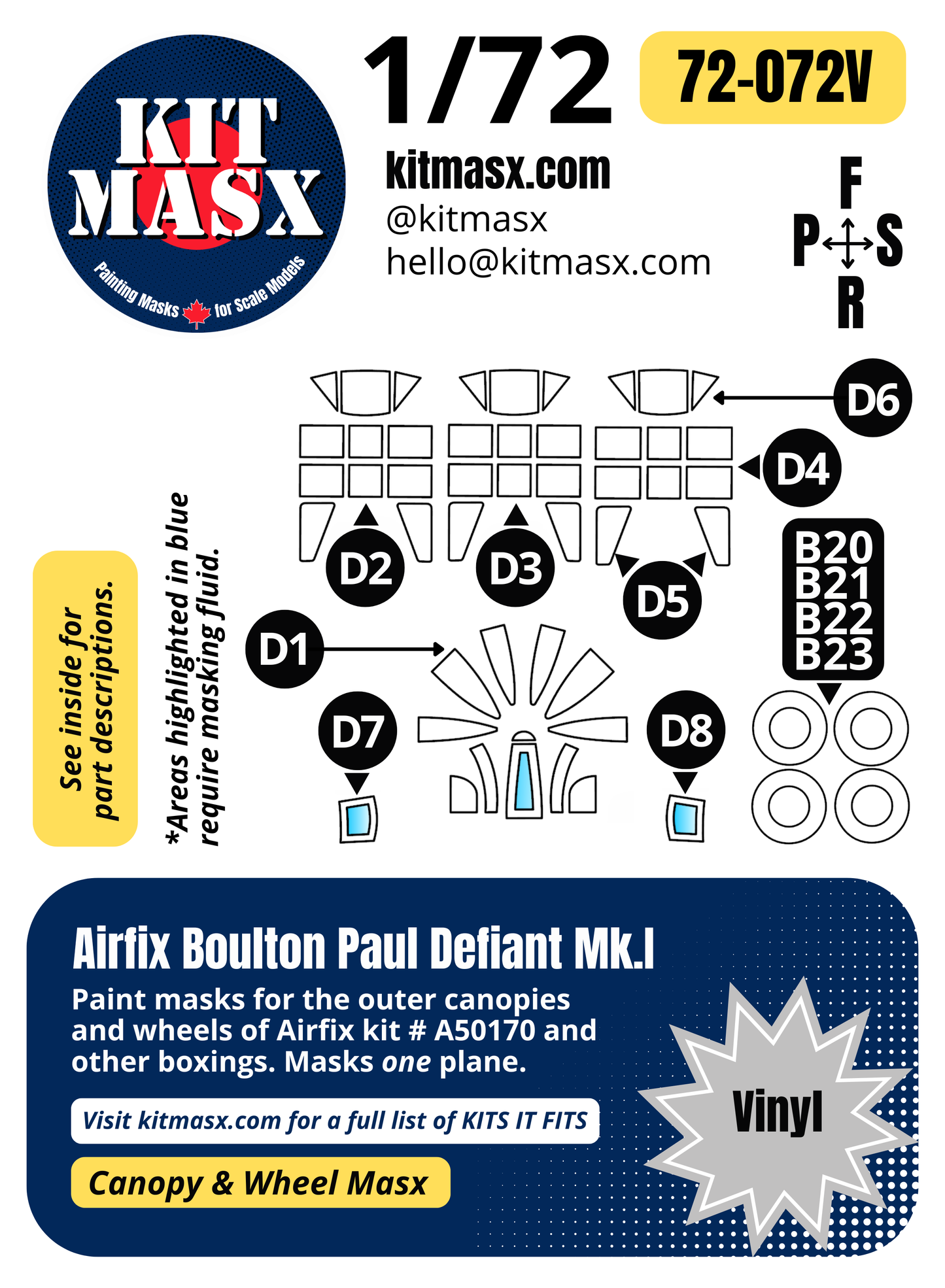 Airfix Boulton Paul Defiant Mk.I 1/72 Canopy& Wheel Paint Masks, Kit # A50170 (72072)