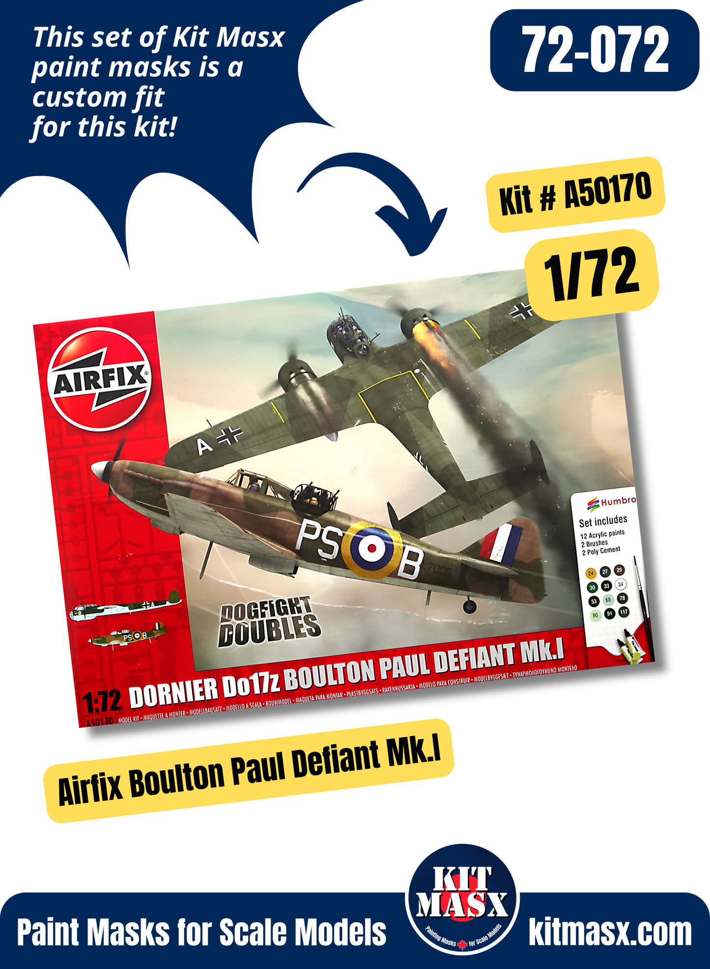 Airfix Boulton Paul Defiant Mk.I 1/72 Canopy& Wheel Paint Masks, Kit # A50170 (72072)