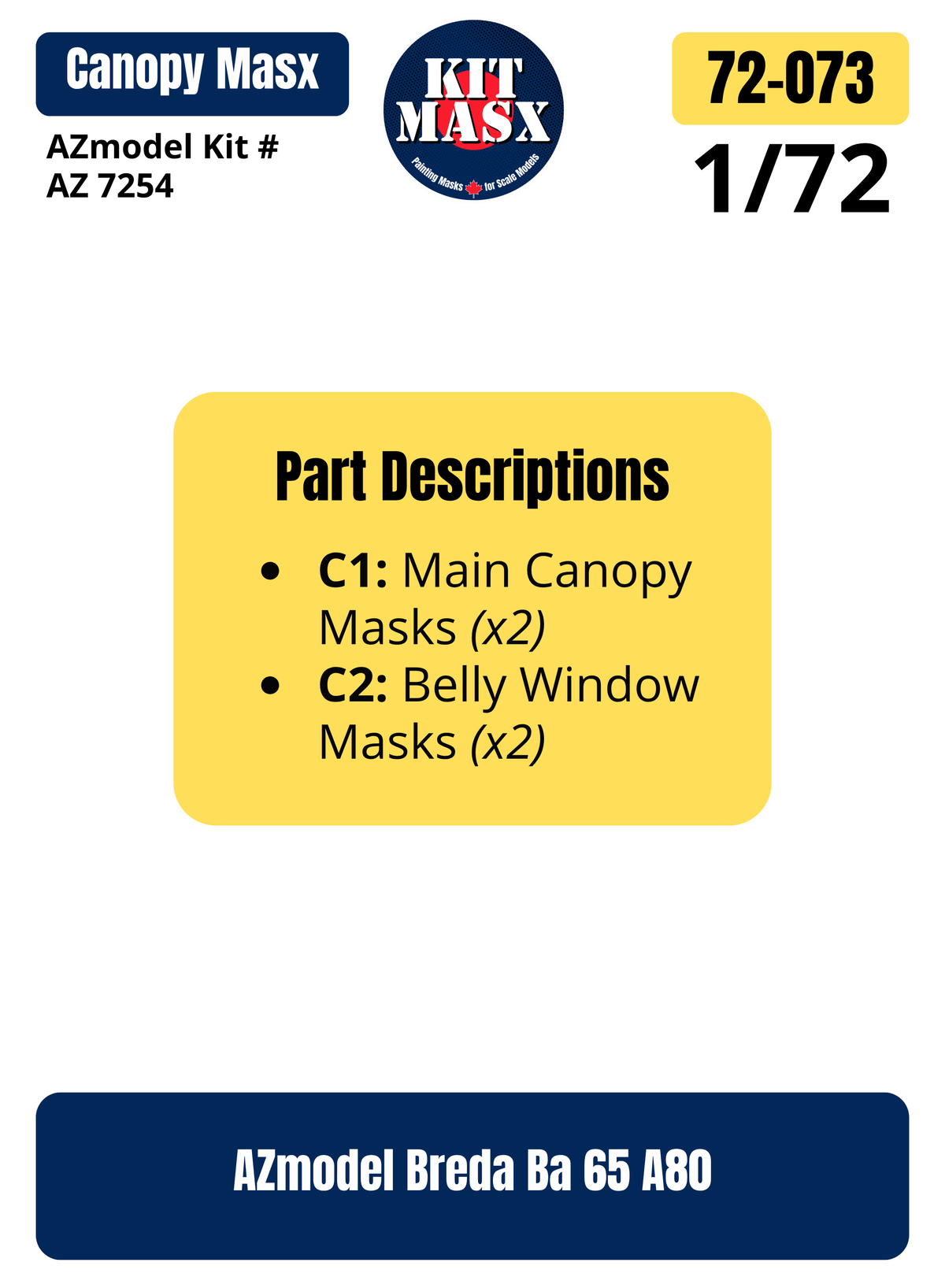 AZmodel Breda Ba 65 A80 1/72 Canopy Paint Masks, Kit # AZ 7254 (72073)