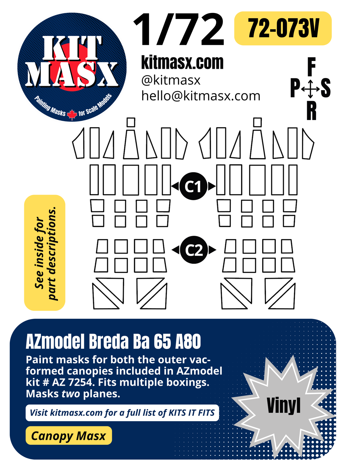 AZmodel Breda Ba 65 A80 1/72 Canopy Paint Masks, Kit # AZ 7254 (72073)