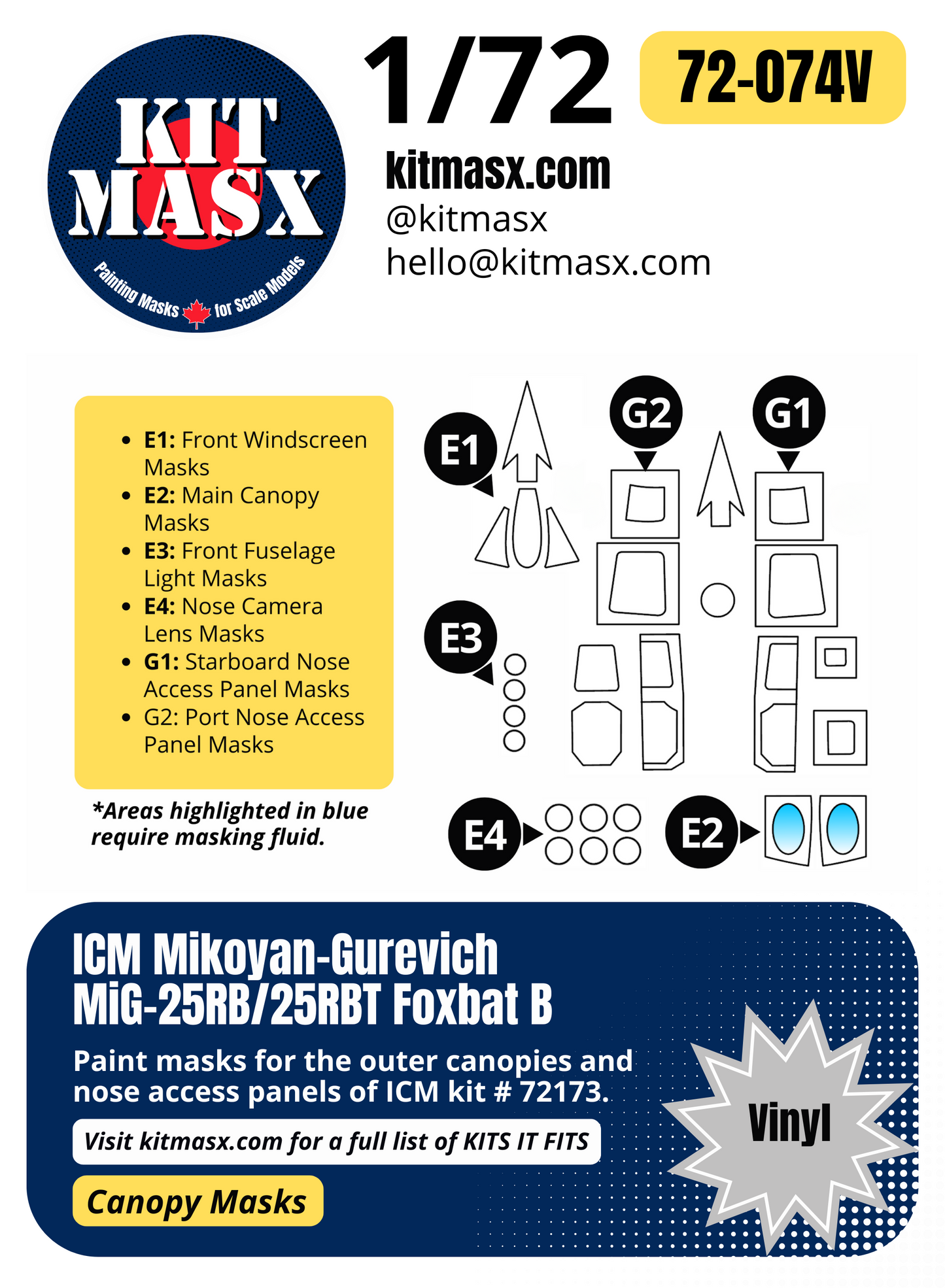 ICM Mikoyan-Gurevich MiG-25RB/25RBT Foxbat B 1/72 Canopy Paint Masks, Kit # 72173