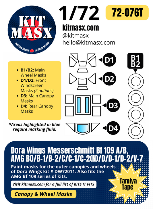 Dora Wings Messerschmitt Bf 109A/B/B0/B-1/B-2/C/C-1/C-2(N)/D/D-1/D-2/V-7 1/72 Canopy & Wheel Paint Masks, Kit # DW72011