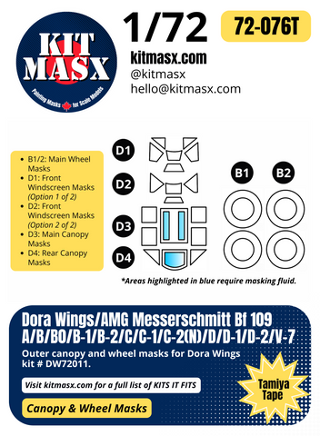 Dora Wings Messerschmitt Bf 109A/B/B0/B-1/B-2/C/C-1/C-2(N)/D/D-1/D-2/V-7 1/72 Canopy & Wheel Paint Masks, Kit # DW72011