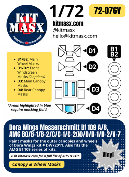 Dora Wings Messerschmitt Bf 109A/B/B0/B-1/B-2/C/C-1/C-2(N)/D/D-1/D-2/V-7 1/72 Canopy & Wheel Paint Masks, Kit # DW72011