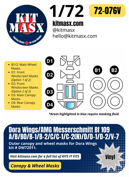 Dora Wings/AMG Messerschmitt Bf 109A/B/B0/B-1/B-2/C/C-1/C-2(N)/D/D-1/D-2/V-7 1/72 Canopy & Wheel Paint Masks