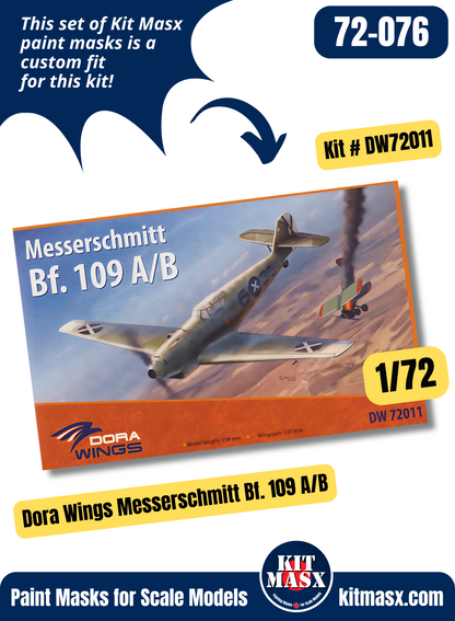Dora Wings Messerschmitt Bf 109A/B/B0/B-1/B-2/C/C-1/C-2(N)/D/D-1/D-2/V-7 1/72 Canopy & Wheel Paint Masks, Kit # DW72011