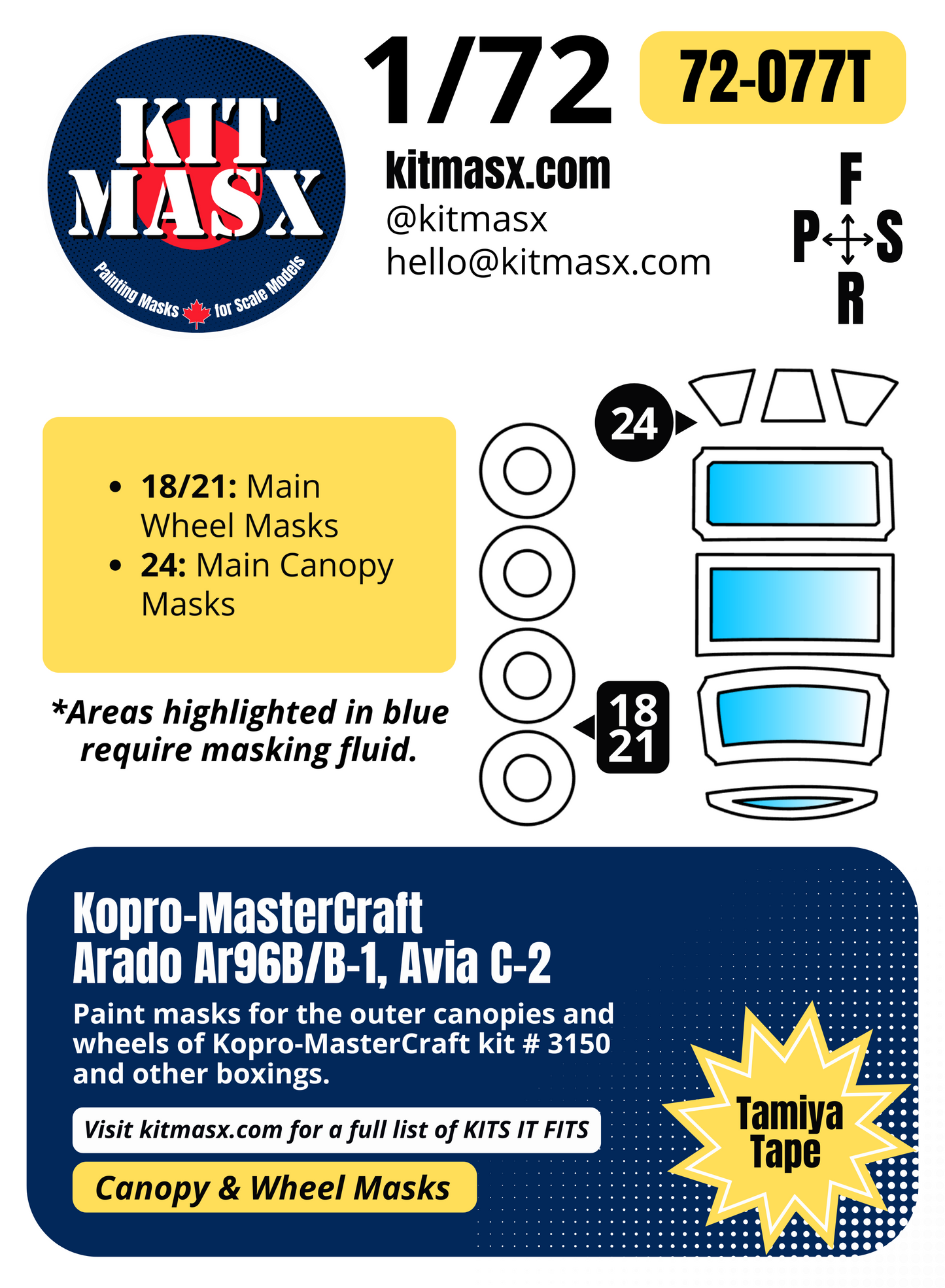 Kopro-MasterCraft Arado Ar96B/B-1, Avia C-2 1/72 Canopy & Wheel Paint Masks, Kit # 3150