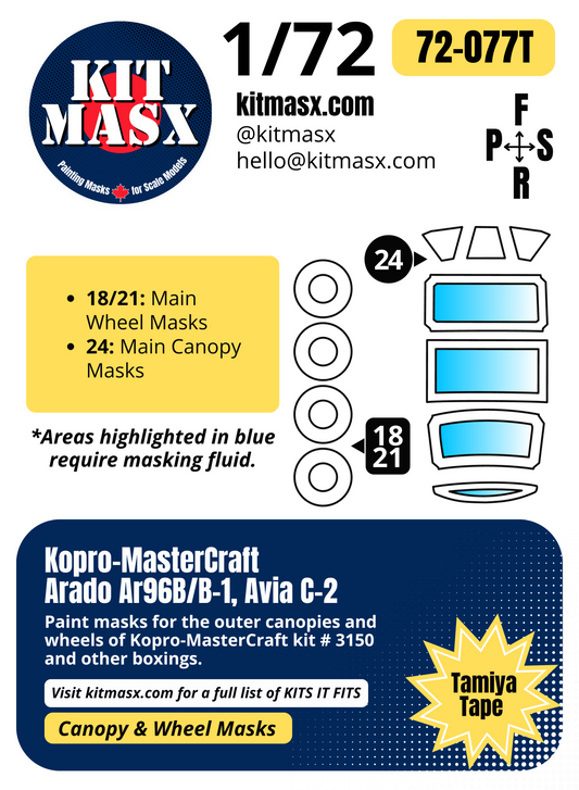 Kopro-MasterCraft Arado Ar96B/B-1, Avia C-2 1/72 Canopy & Wheel Paint Masks, Kit # 3150