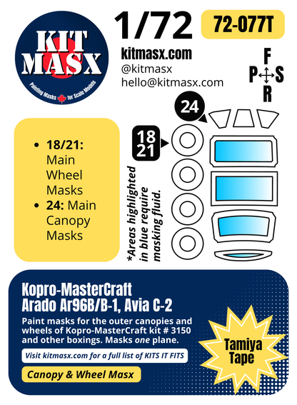 Kopro-MasterCraft Arado Ar96B/B-1, Avia C-2 1/72 Canopy & Wheel Paint Masks, Kit # 3150 (72077)