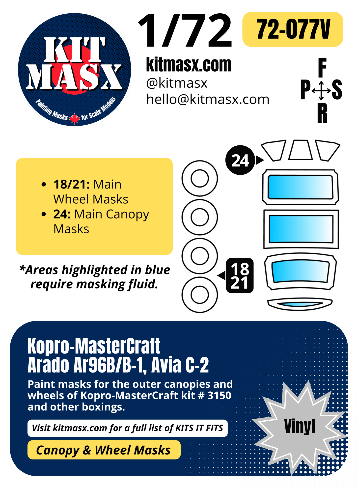 Kopro-MasterCraft Arado Ar96B/B-1, Avia C-2 1/72 Canopy & Wheel Paint Masks, Kit # 3150