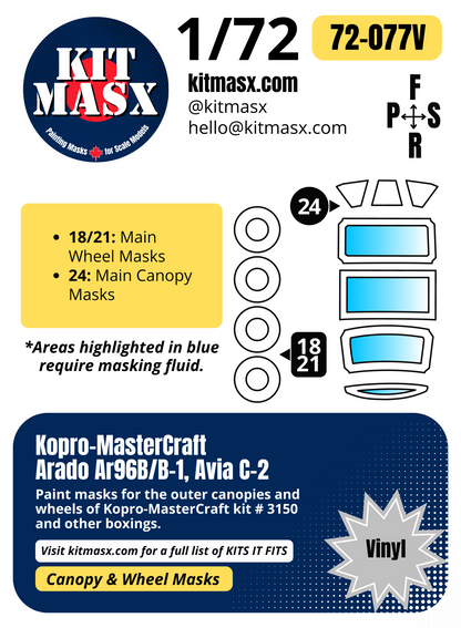 Kopro-MasterCraft Arado Ar96B/B-1, Avia C-2 1/72 Canopy & Wheel Paint Masks, Kit # 3150