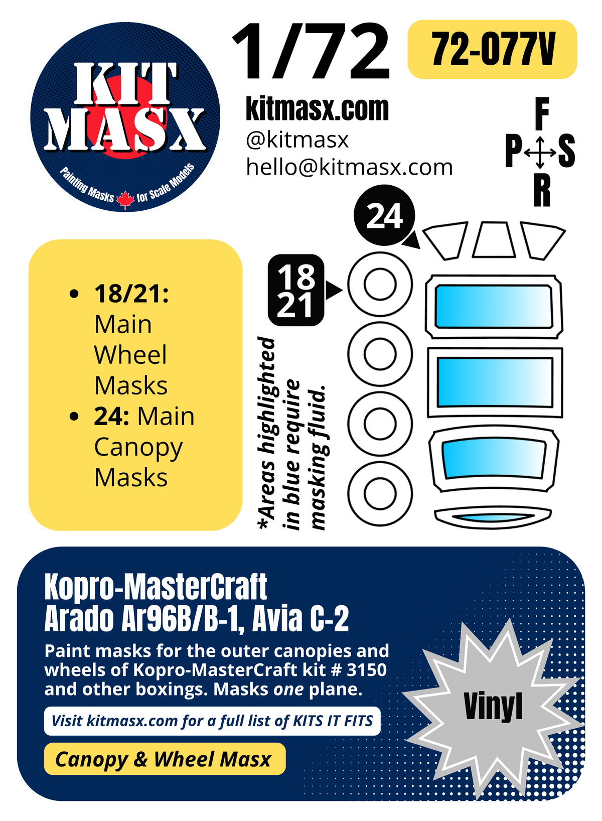 Kopro-MasterCraft Arado Ar96B/B-1, Avia C-2 1/72 Canopy & Wheel Paint Masks, Kit # 3150 (72077)
