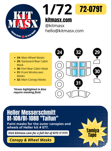 Heller Messerschmitt Bf-108/Bf-108B "Taifun" 1/72 Canopy & Wheel Paint Masks, Kit # 077