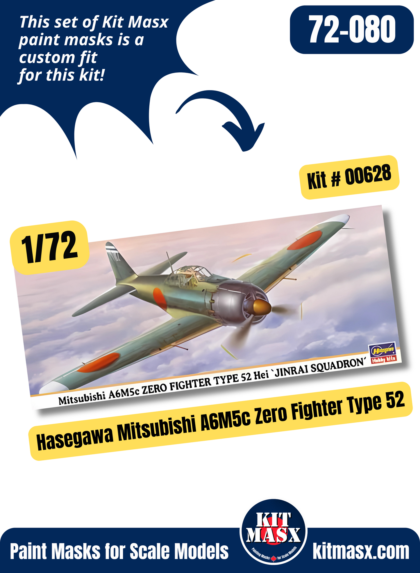 Hasegawa Mitsubishi A6M5/A6M5c Zero Fighter Type 52 1/72 Canopy & Wheel Paint Masks, Kit # 00628
