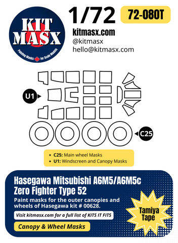 Hasegawa Mitsubishi A6M5/A6M5c Zero Fighter Type 52 1/72 Canopy & Wheel Paint Masks, Kit # 00628