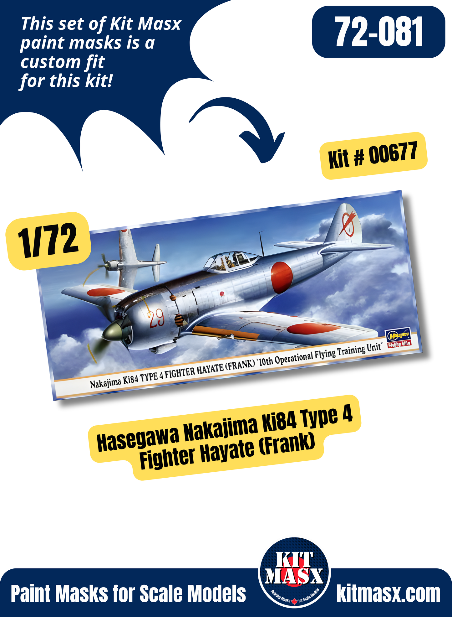 Hasegawa Nakajima Ki-84 Type 4 Fighter Hayate (Frank) 1/72 Canopy & Wheel Paint Masks, Kit # 00677