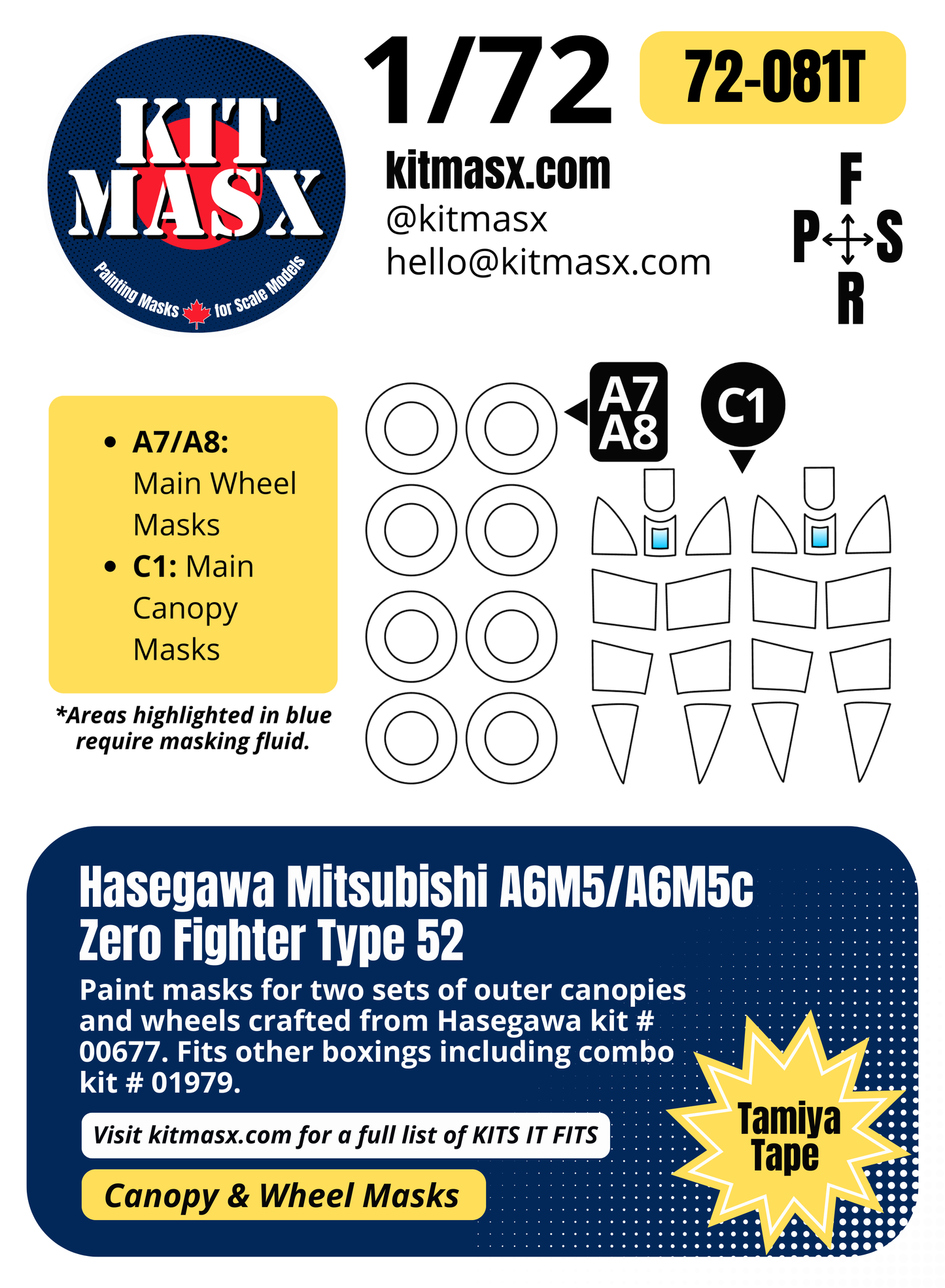 Hasegawa Nakajima Ki-84 Type 4 Fighter Hayate (Frank) 1/72 Canopy & Wheel Paint Masks, Kit # 00677
