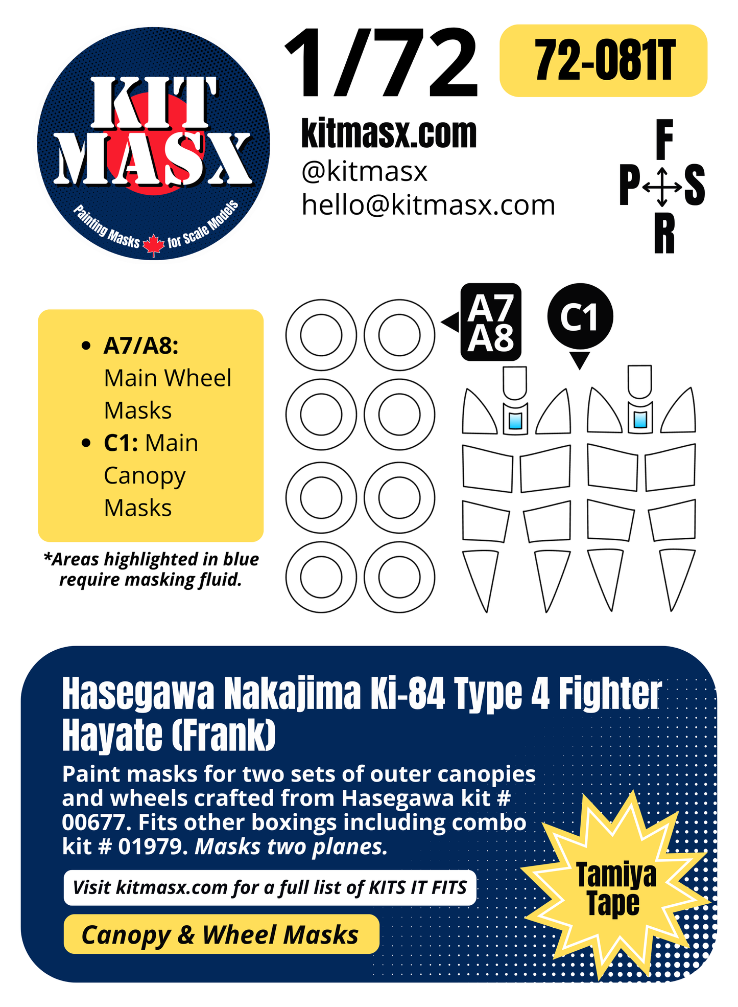 Hasegawa Nakajima Ki-84 Type 4 Fighter Hayate (Frank) 1/72 Canopy & Wheel Paint Masks, Kit # 00677
