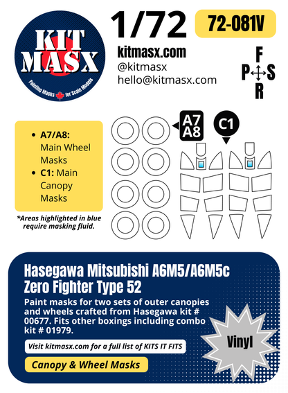 Hasegawa Nakajima Ki-84 Type 4 Fighter Hayate (Frank) 1/72 Canopy & Wheel Paint Masks, Kit # 00677
