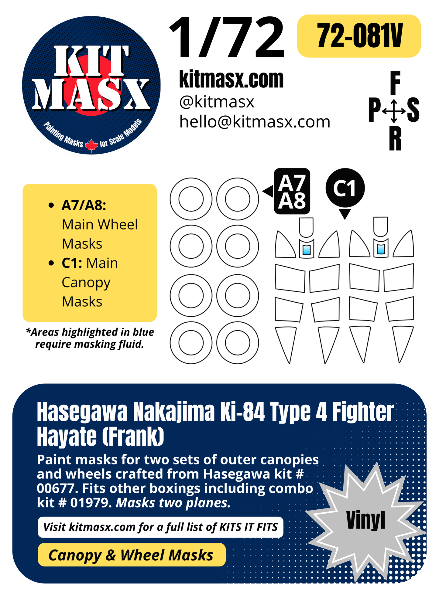 Hasegawa Nakajima Ki-84 Type 4 Fighter Hayate (Frank) 1/72 Canopy & Wheel Paint Masks, Kit # 00677