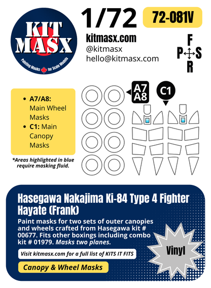 Hasegawa Nakajima Ki-84 Type 4 Fighter Hayate (Frank) 1/72 Canopy & Wheel Paint Masks, Kit # 00677
