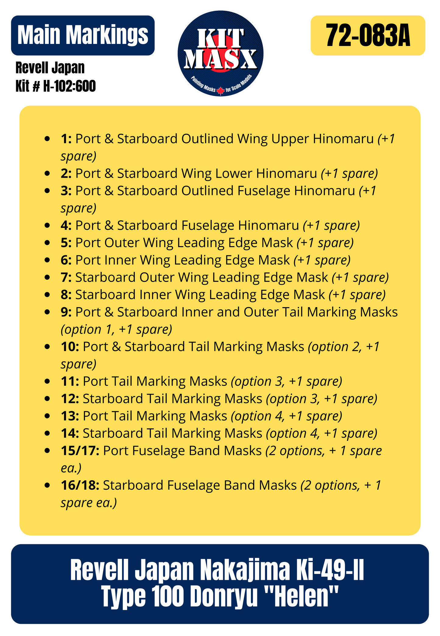 Revell Japan Nakajima Ki-49-II Type 100 Donryu "Helen" 1/72 All-in-One Master Mask Set, Kit # H-102:600