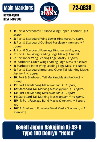 Revell Japan Nakajima Ki-49-II Type 100 Donryu "Helen" 1/72 All-in-One Master Mask Set, Kit # H-102:600