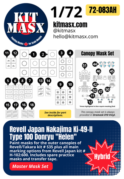 Revell Japan Nakajima Ki-49-II Type 100 Donryu "Helen" 1/72 All-in-One Master Mask Set, Kit # H-102:600