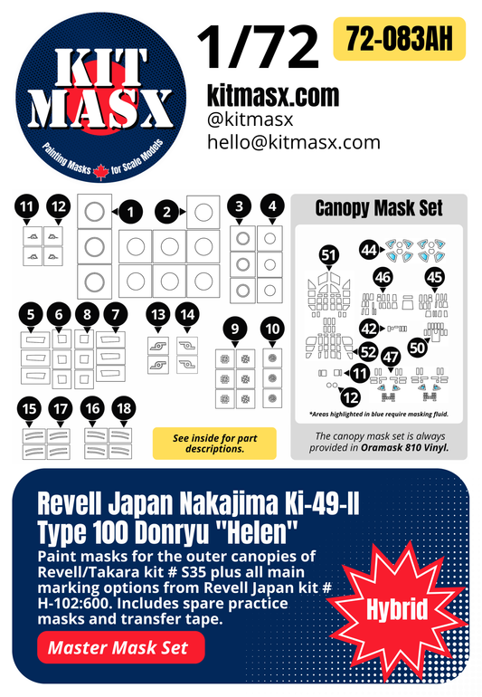 Revell Japan Nakajima Ki-49-II Type 100 Donryu "Helen" 1/72 All-in-One Master Mask Set, Kit # H-102:600
