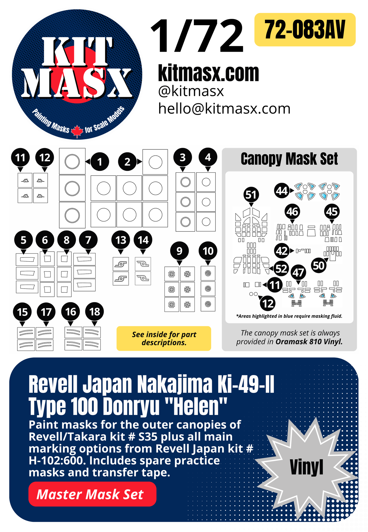 Revell Japan Nakajima Ki-49-II Type 100 Donryu "Helen" 1/72 All-in-One Master Mask Set, Kit # H-102:600