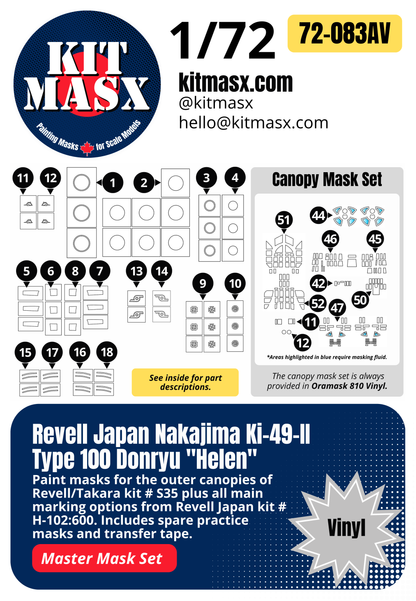 Revell Japan Nakajima Ki-49-II Type 100 Donryu "Helen" 1/72 All-in-One Master Mask Set, Kit # H-102:600