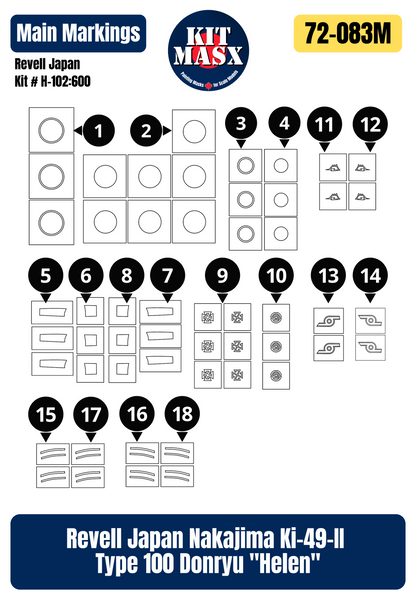 Revell Japan Nakajima Ki-49-II Type 100 Donryu "Helen" 1/72 Main Marking Paint Masks, Kit # H-102:600
