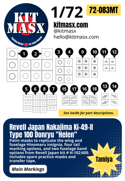 Revell Japan Nakajima Ki-49-II Type 100 Donryu "Helen" 1/72 Main Marking Paint Masks, Kit # H-102:600