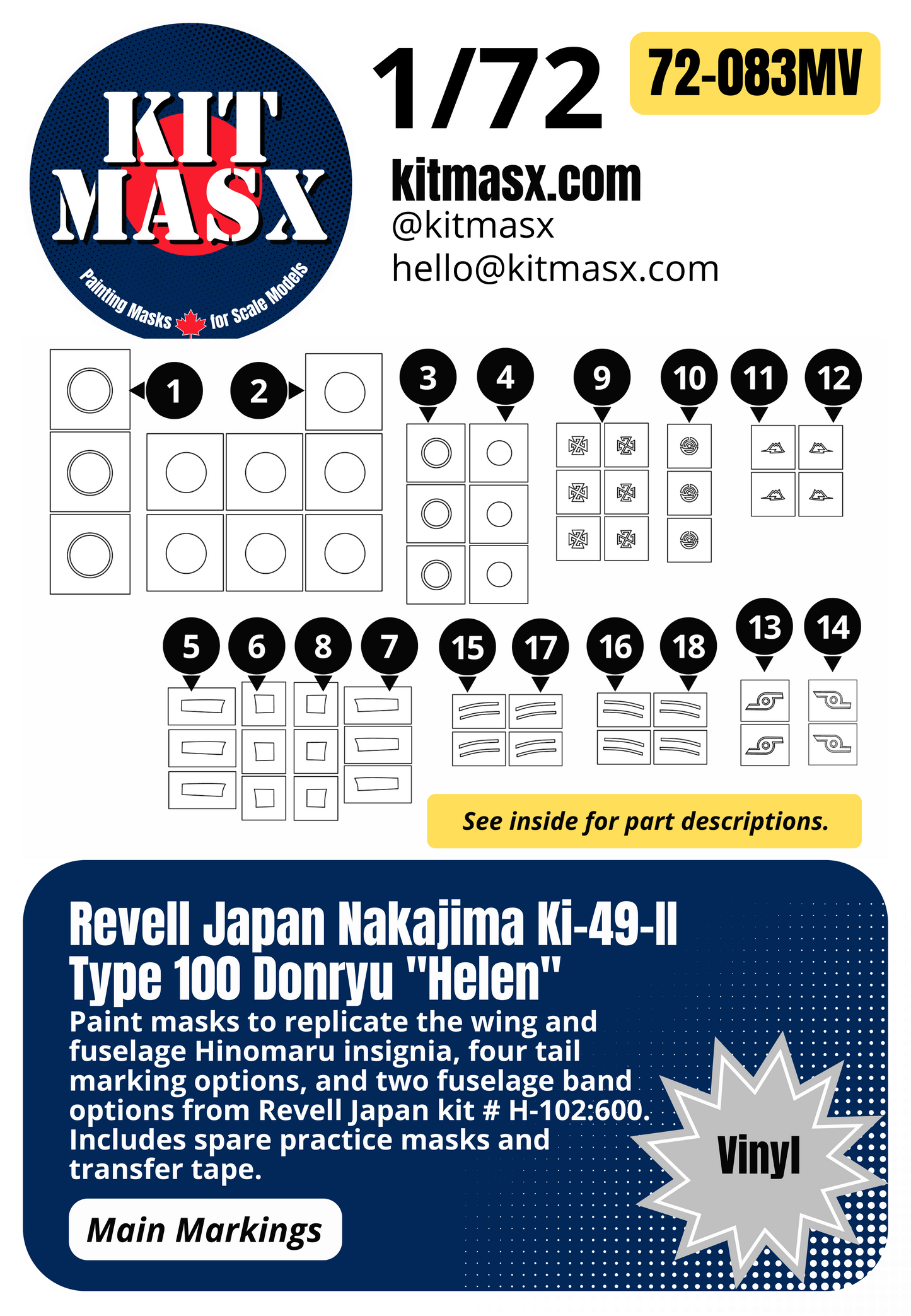 Revell Japan Nakajima Ki-49-II Type 100 Donryu "Helen" 1/72 Main Marking Paint Masks, Kit # H-102:600