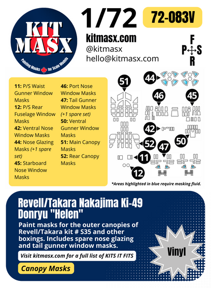 Revell/Takara Nakajima Ki-49 Donryu "Helen" 1/72 Canopy Paint Masks, Kit # S35