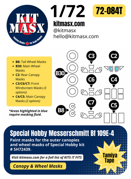 Special Hobby Messerschmitt Bf 109E-4 1/72 Canopy & Wheel Paint Masks, Kit # SH72439