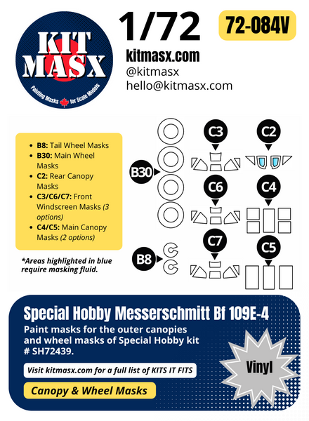 Special Hobby Messerschmitt Bf 109E-4 1/72 Canopy & Wheel Paint Masks, Kit # SH72439