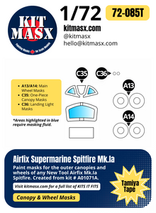 Airfix Supermarine Spitfire Mk.Ia 1/72 Canopy & Wheel Paint Masks, Kit # A01017A