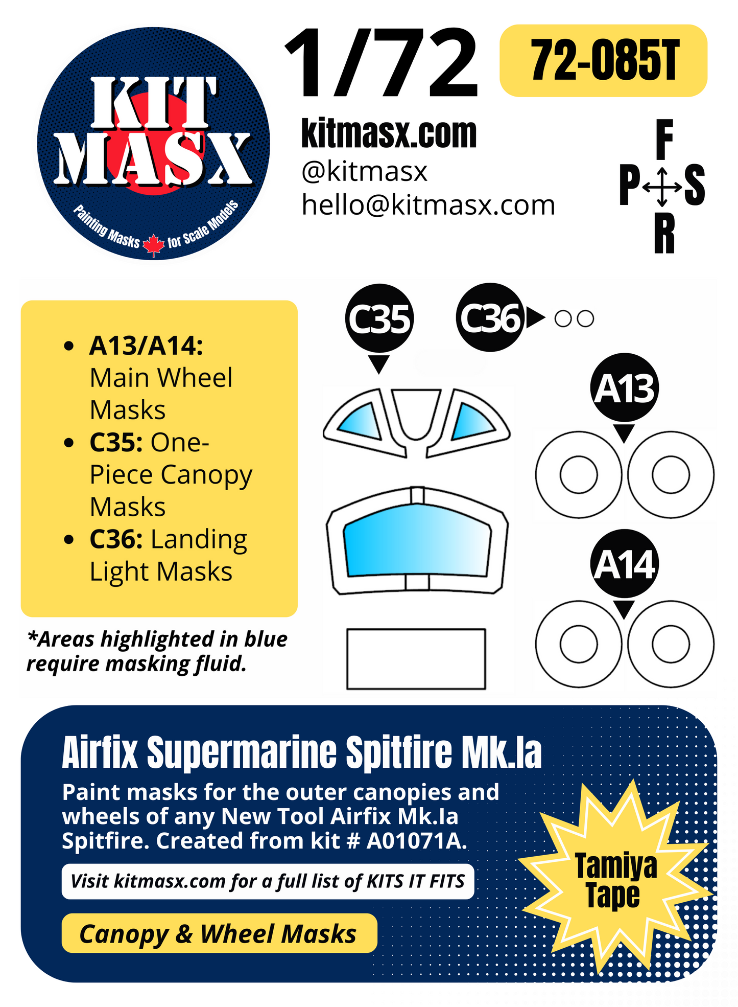 Airfix Supermarine Spitfire Mk.Ia 1/72 Canopy & Wheel Paint Masks, Kit # A01071A
