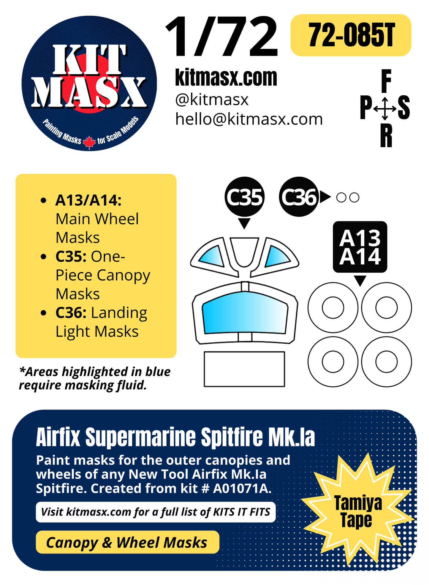 Airfix Supermarine Spitfire Mk.Ia 1/72 Canopy & Wheel Paint Masks, Kit # A01071A