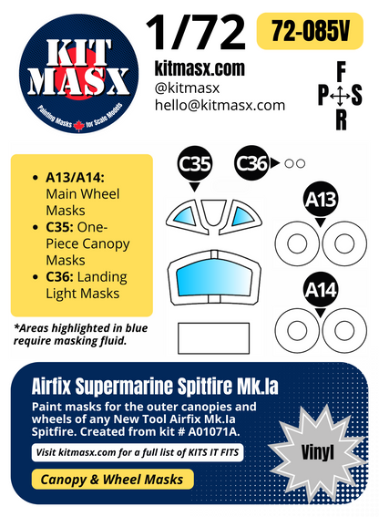 Airfix Supermarine Spitfire Mk.Ia 1/72 Canopy & Wheel Paint Masks, Kit # A01071A