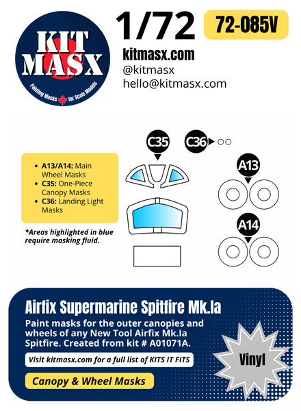 Airfix Supermarine Spitfire Mk.Ia 1/72 Canopy & Wheel Paint Masks, Kit # A01017A