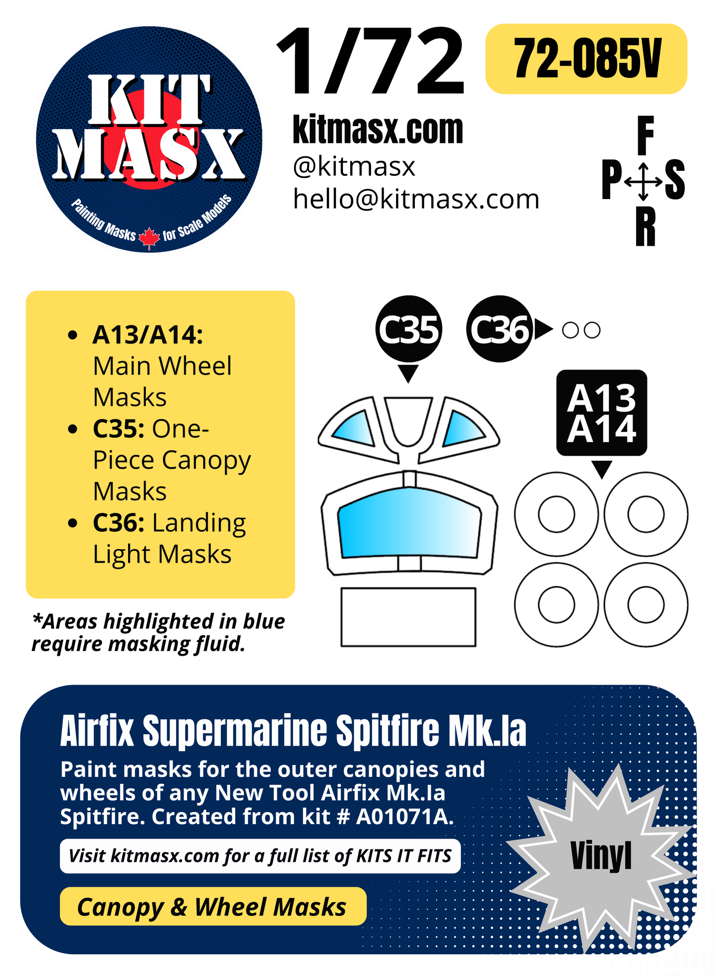 Airfix Supermarine Spitfire Mk.Ia 1/72 Canopy & Wheel Paint Masks, Kit # A01071A