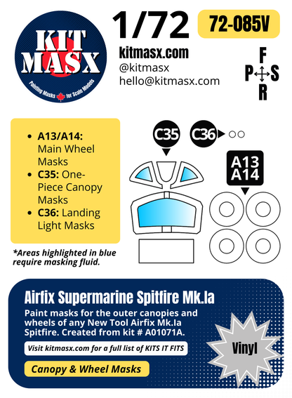 Airfix Supermarine Spitfire Mk.Ia 1/72 Canopy & Wheel Paint Masks, Kit # A01071A