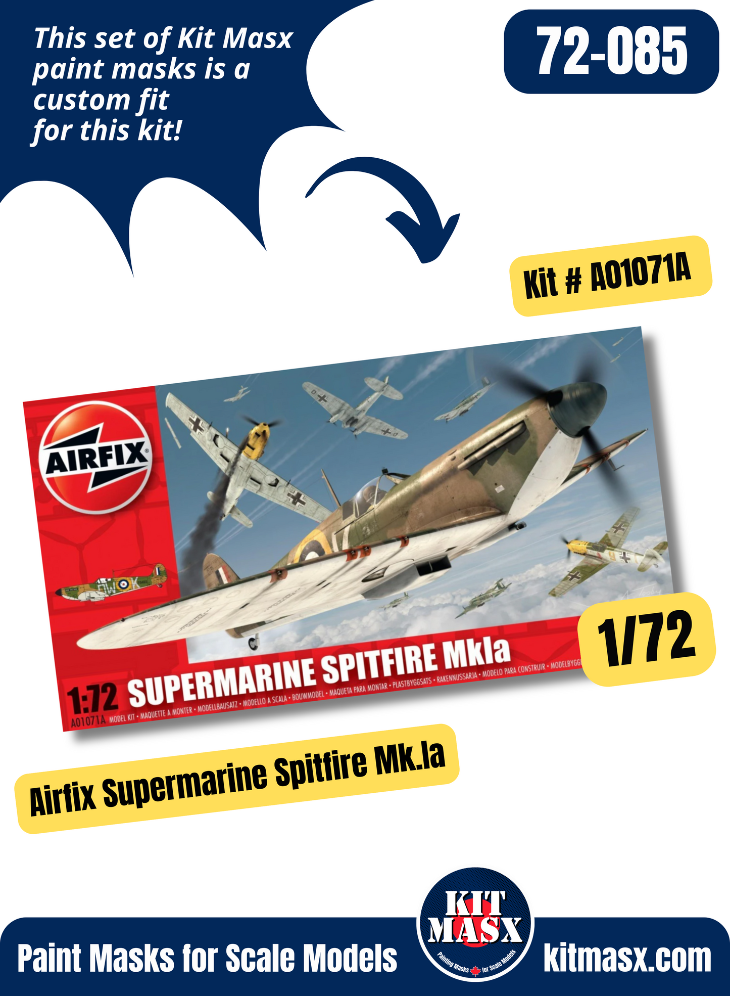 Airfix Supermarine Spitfire Mk.Ia 1/72 Canopy & Wheel Paint Masks, Kit # A01071A